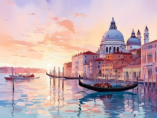 Sunset in Venice paints the sky, as gondoliers steer through calm, reflective waters. - obrazy, fototapety, plakaty