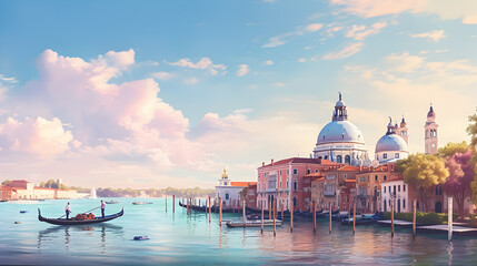 Serene Venice scene with a gondola floating by historic buildings under a pastel sky.