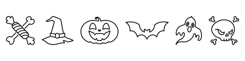 helloween icons set, witch hat, ghost, skull with bones, pumpkin, bat, sweets