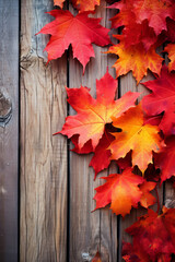 Naklejka na ściany i meble Autumn concept: Fall background with maple leaves on wood, with space for text