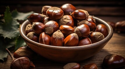 Chestnuts in a bowl on a wooden background. 