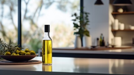 Olive oil in glass bottle on table in modern kitchen interior background