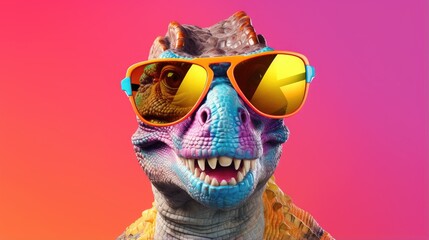 cartoon character dinosaur head wearing tinted glasses - obrazy, fototapety, plakaty