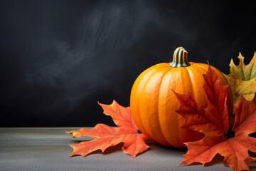 Naklejka na ściany i meble Autumn concept: fall coloured leaves and pumpkin
