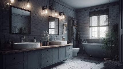 Gray bathroom interior with double sink.