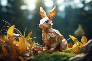 Portrait of rabbit made of polygonal shapes. AI generative art