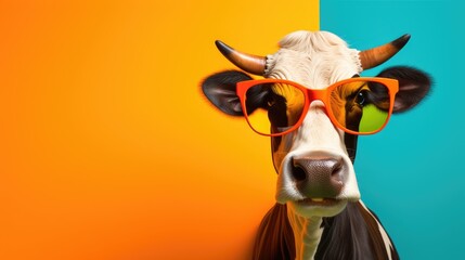 cartoon character cow head wearing tinted glasses - obrazy, fototapety, plakaty