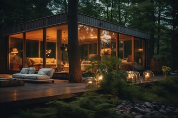 Fototapeta premium Wooden summer house with panoramic windows in the forest