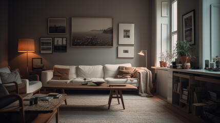 gray walls, a white sofa and chair, a laptop on a coffee table, and a horizontal poster can all be seen in this side view of a living room.