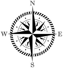Kompassrose-Vektor mit vier Windrichtungen und Seil Rahmen in Schwarz und weiß.
Acht Zacken Windrose.
Symbol für die Marine-, Schifffahrts- oder Trekking-Navigation.