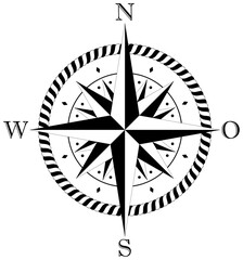 Kompassrose-Vektor mit vier Windrichtungen und deutscher Osten Bezeichnung.
Seil Rahmen in Schwarz und Weiß. Acht Zacken Windrose.
Symbol für die Marine-, Schifffahrts- oder Trekking-Navigation.