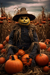 Scarecrow with pumpkins, fall thanksgiving season celebration