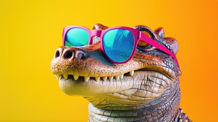 cartoon character crocodile head wearing tinted glasses - obrazy, fototapety, plakaty