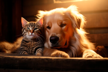 Golden retriever and a tabby cat, two friends