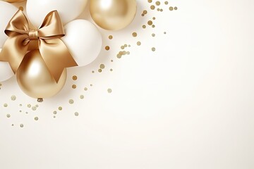 Christmas background with white and gold balls and golden bow. Vector illustration with copy space