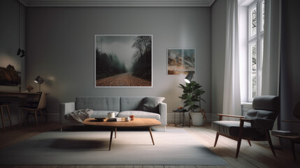 gray walls, a white sofa and chair, a laptop on a coffee table, and a horizontal poster can all be seen in this side view of a living room.