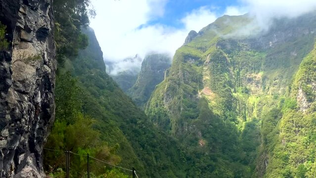 Stunning View of Green Mountain Peaks from Levada das Verdes, Madeira, Portugal
