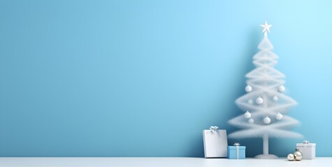 Christmas tree with presents under it on pastel blue background with copy space. Christmas ball and gift box with ribbon. 