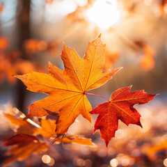 Autumn maple leaves in fall colors, with blurred background sunlight