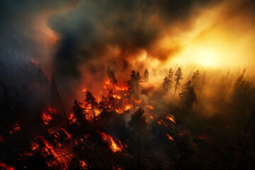Fototapeta na wymiar very powerful forest fire, fire and smoke cover the sky, view fr