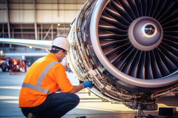 an aircraft technician is repairing a turbine, an engineer is we