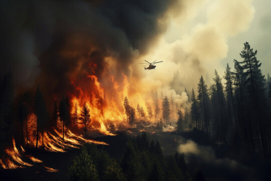 very powerful forest fire, fire and smoke cover the sky, rescue helicopter