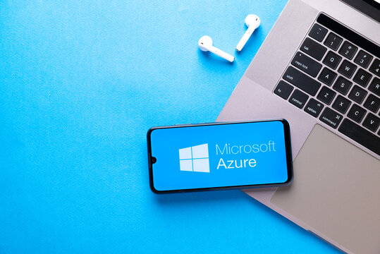 Kyoto city, Japan - July 31, 2023: Apple iPhone with Microsoft Azure logo on the screen on blue background