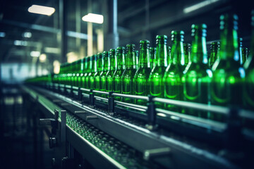 beer factory green glass bottles on conveyor