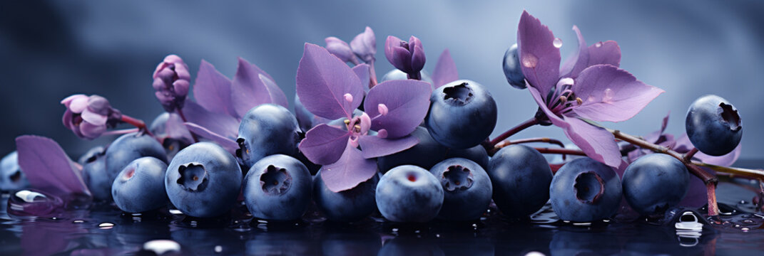Heidelbeeren Makroaufnahme mit Wassertropfen im sch&ouml;nen Licht in Querformat f&uuml;r Banner, ai generativ