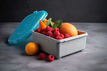A fresh and colorful blend of raspberries, oranges and peaches in a gray plastic container with a blue lid on a gray table top.
