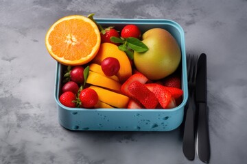 A healthy and colorful blue lunch box filled with fresh and delicious fruits on a gray marble surface.