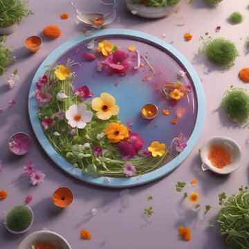 flowers in a round plate in the water 3d render generative ai