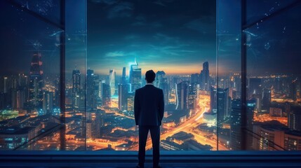 Back view of businessman looking at skyscraper at night time 