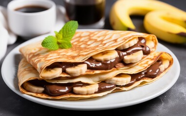 Crepes and tiny pancakes with Hazelnut Chocolate Crepe accompanied by Banana, on white plate