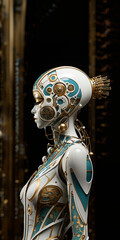 Fototapeta premium Hübsche Roboter Frau in Cyberpunk Anzug sexy in weiß gold, ai generativ