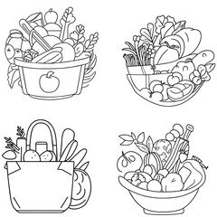 Vector line art illustration of essential groceries, depicting fresh produce, dairy, and more. Perfect for food-related projects.