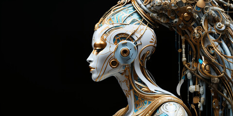 Fototapeta na wymiar Hübsche Roboter Frau in Cyberpunk Anzug sexy in weiß gold, ai generativ
