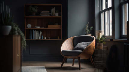 Grey barrel chair against of window and wooden shelving unit and cabinet on dark wall. Scandinavian style interior design of modern living room.