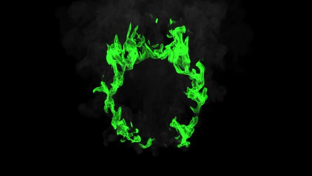 Green fire circle on black background, isolated, lots of smoke