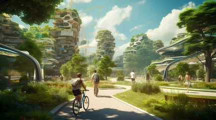 Foto op Plexiglas A fantastic green city of the future with people on bicycles. © Vadim