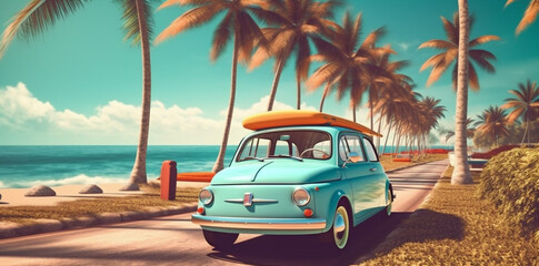 retro summer car trip tropical vacation road travel vintage beach. Generative AI.