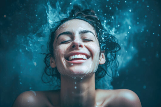 Smiling fictional white woman with black hair applying water splash in the face on a light blue background with water drops. Concept of skincare, staying hydrated, youthful skin and happiness. 