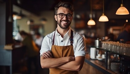 Obraz premium A professional barista, a cafe with mood, and a happy smile