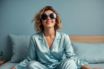 Happy young woman in her 20s is in bed wearing blue pajamas and glasses