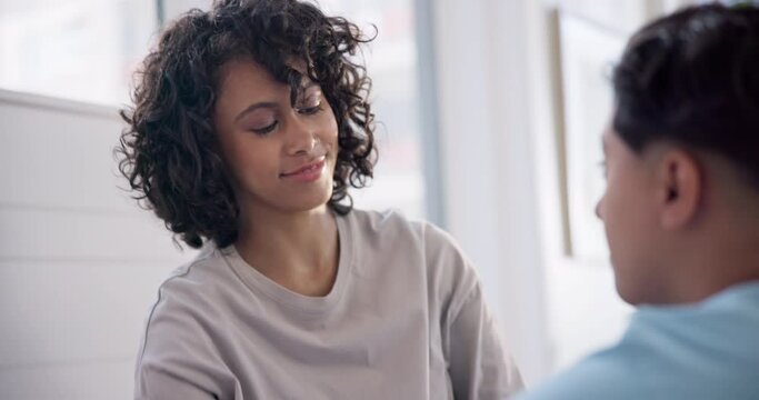 Lgbt, lesbian couple and perfect hands on bed with smile for bonding, agree and support at home together. Homosexual, love and queer woman with okay emoji in bedroom for bisexual or trans acceptance