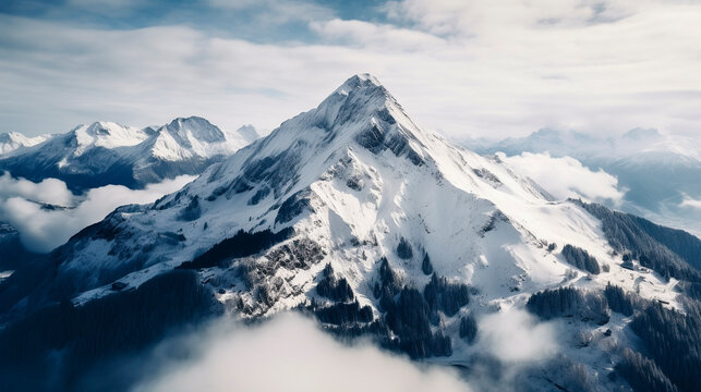 Drone photo of a mountain in Austrian Alps in winter. 