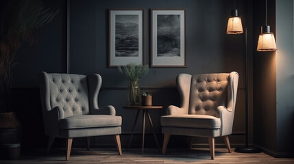 Grey relax room interior two armchairs with shelf, mockup frame.