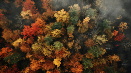 Fototapeta na wymiar Top down drone photo of autumn trees and evergreen trees in North America with fog