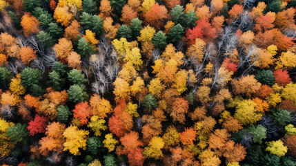 Top down drone photo of autumn trees and evergreen trees in North America 