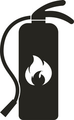 isolated black pictogram icon of fire extinguisher, for safety firefight safety hazard sign with  fire, flame symbol